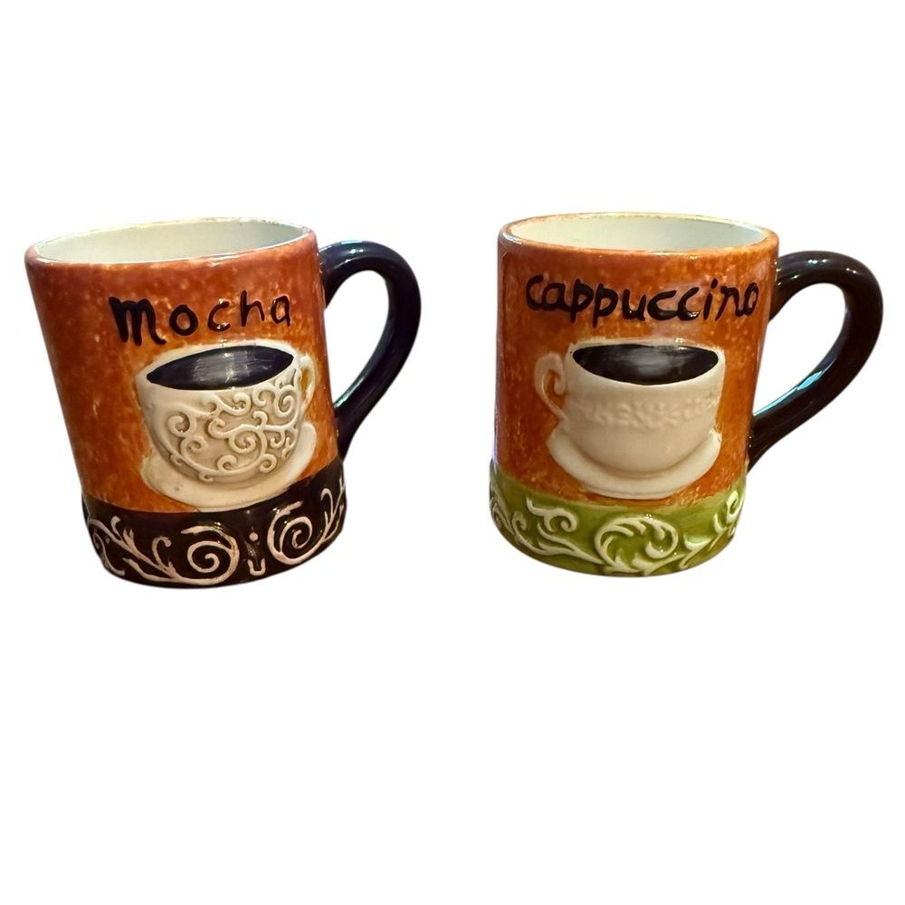 Rustic Coffee Bar Mugs Set of 2 Mocha & Cappuccino Embossed Cups Kitchen Decor